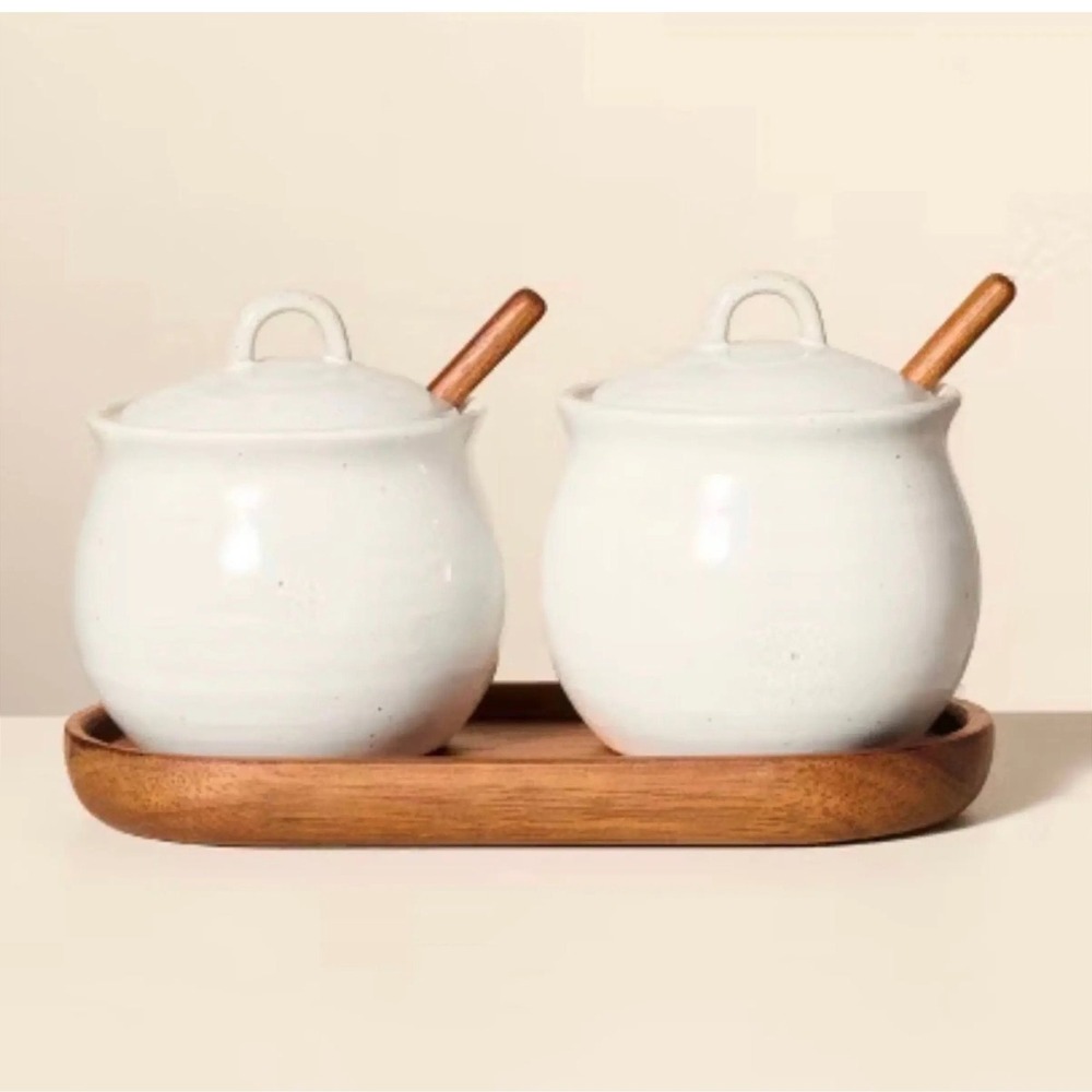 Hearth & Hand Magnolia Salt & Pepper Cellar Set White Stoneware Acacia Wood 5pc
